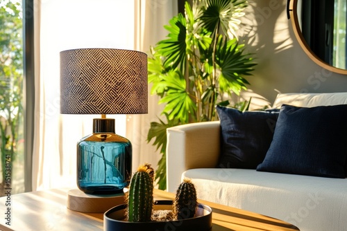 Living Room Decor With Stylish Lamp and Indoor Plants in Bright Natural Light