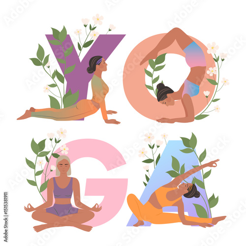 Women doing yoga poses. Yoga word with flowers and girls. Flat illustration.