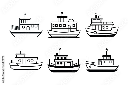 Towboat Outline Line Art Vector Set