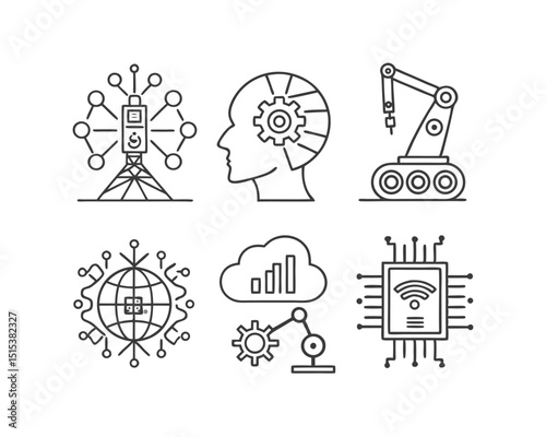 Technology Icons Set Automation, AI, Network, and IoT