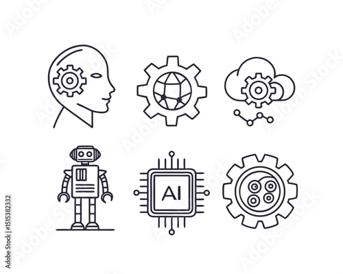 Artificial Intelligence Technology Icons Set Line Art Style