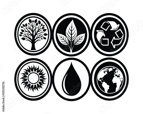 Six Black and White Environmental Icons in Circles