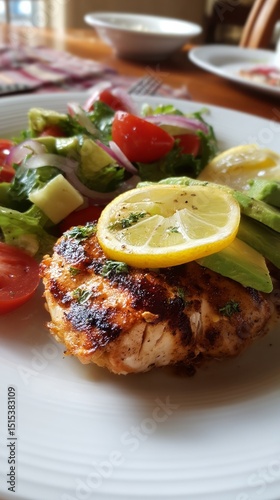 Succulent Grilled Chicken Topped With Avocado and Lemon Served With Fresh Sal...