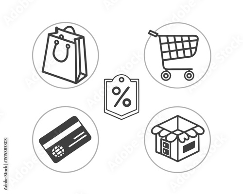 Online Shopping Icons Cart, Bag, Credit Card, Discount