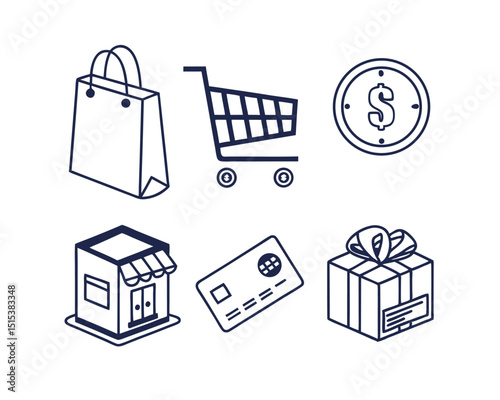 Online Shopping Icons Store, Cart, Bag, Gift, Credit Card, Dollar