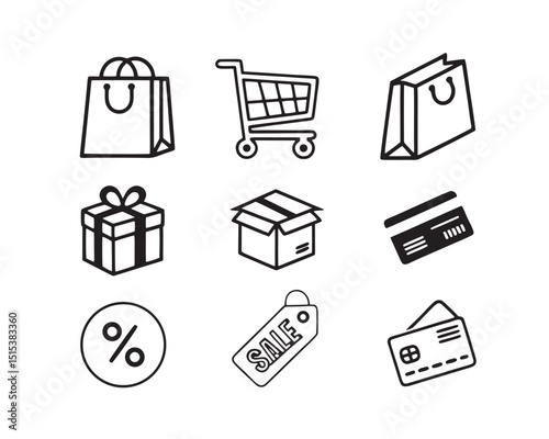 Online Shopping Icons Set Cart, Bags, Gift, Box, Cards, Sale Tag