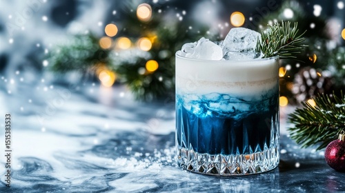 Festive Cocktail With Blue Layers and Ice on a Marble Surface During Winter C...