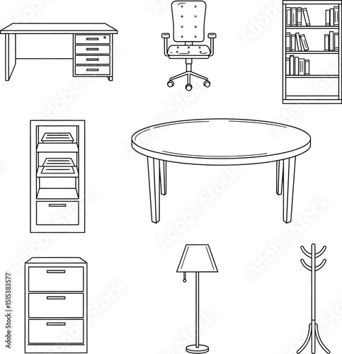Home Office Essentials Vector Icon Set - Linear Workspace & Productivity Symbols