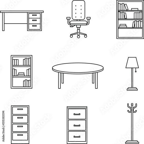 Home Office Essentials Vector Icon Set - Linear Workspace & Productivity Symbols