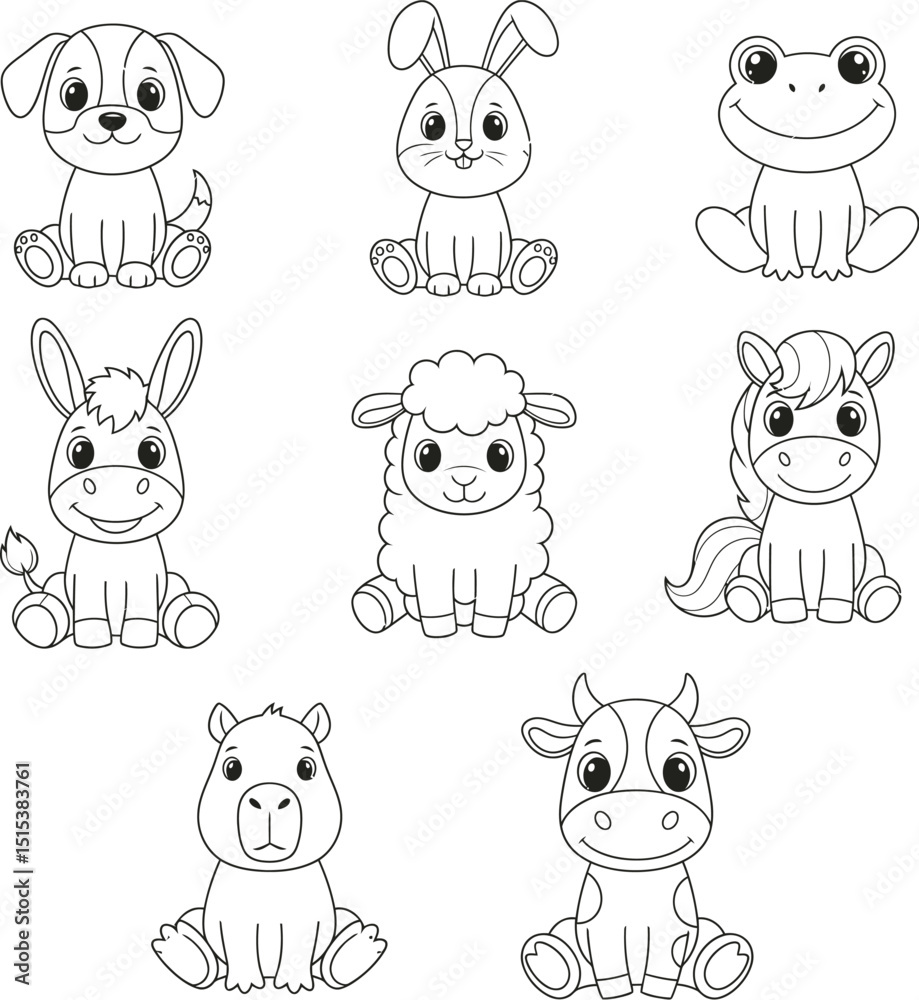 Funny Cartoon Cute Animals Vector Set - Puppy, Capybara, Frog, Lamb & Farm Animals for Kids Media Funny Cartoon Cute Animals Vector Set - Puppy, Capybara, Frog, Lamb & Farm Animals for Kids Media