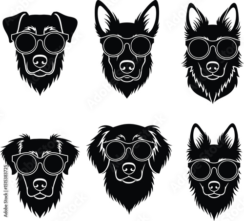 Cool Dog with Sunglasses Silhouette Vector Icon Set - Animal Head Character Clip Art Bundle