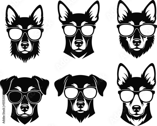 Cool Dog with Sunglasses Silhouette Vector Icon Set - Animal Head Character Clip Art Bundle