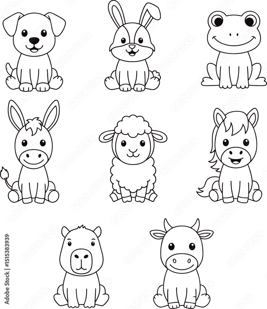Funny Cartoon Cute Animals Vector Set - Puppy, Capybara, Frog, Lamb & Farm Animals for Kids Media Funny Cartoon Cute Animals Vector Set - Puppy, Capybara, Frog, Lamb & Farm Animals for Kids Media