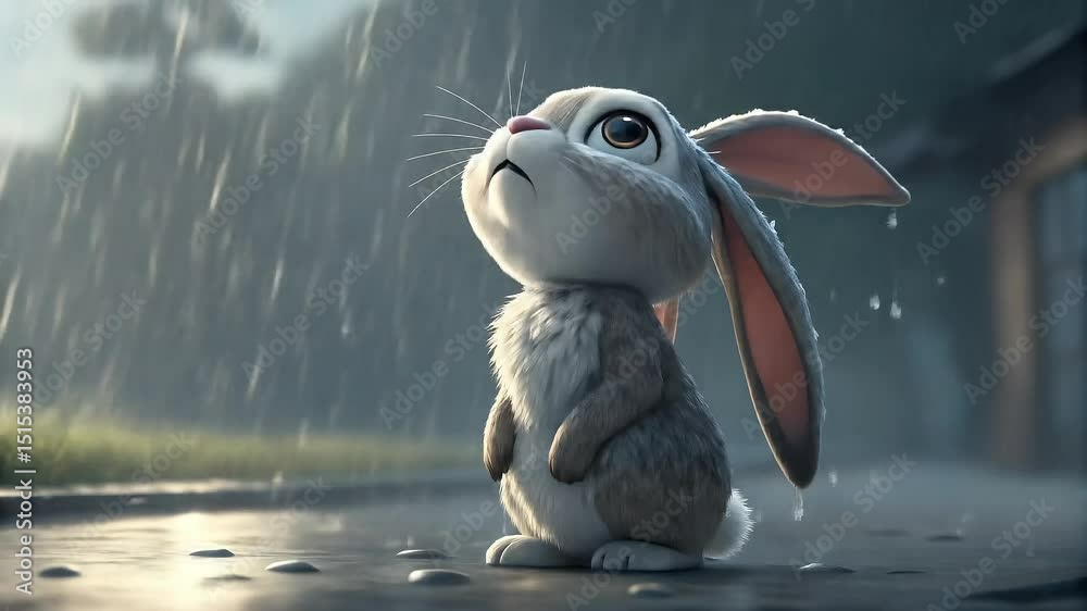A cute animated rabbit stands in the rain, looking up with large eyes, its ears drooping as water droplets fall around it on a wet surface.