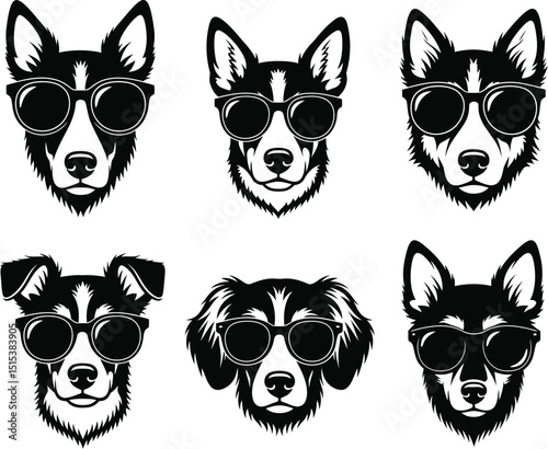 Cool Dog with Sunglasses Silhouette Vector Icon Set - Animal Head Character Clip Art Bundle