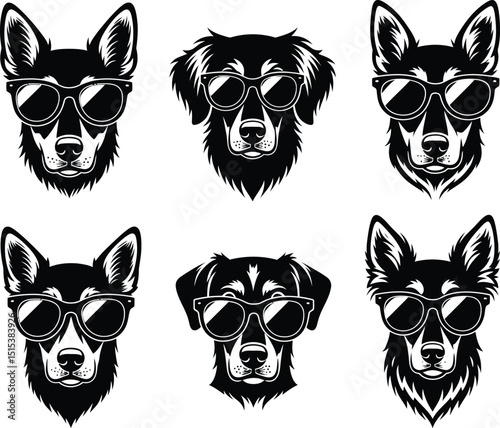 Cool Dog with Sunglasses Silhouette Vector Icon Set - Animal Head Character Clip Art Bundle