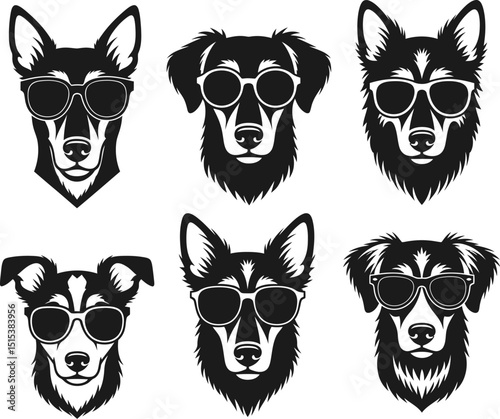 Cool Dog with Sunglasses Silhouette Vector Icon Set - Animal Head Character Clip Art Bundle