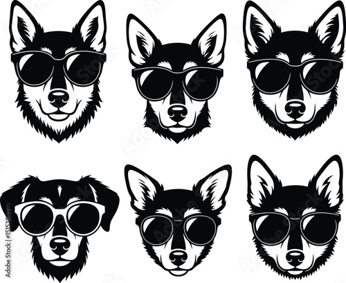 Cool Dog with Sunglasses Silhouette Vector Icon Set - Animal Head Character Clip Art Bundle
