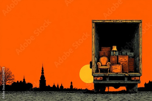 Moving truck rear view with open door showing organized furniture silhouettes