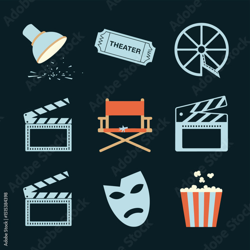 vector icons for cinema, Director's Chair , theatrical roles, video tape, cinema shattered spotlight, Theater Ticket
