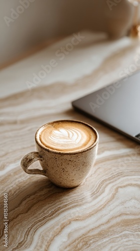 Warm Latte Art Served in a Unique Cup Beside a Laptop on a Stylish Wooden Table
