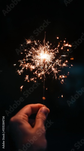 Bright Sparkler Illuminating a Hand During Celebrations at Night in a Dark Se...