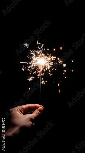 Bright Sparkler Illuminating a Hand During Celebrations at Night in a Dark Se...