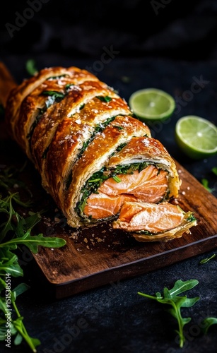 Delicious Salmon Wellington With Spinach on a Wooden Board With Lime Slices