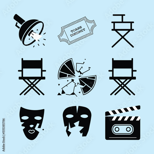 vector icons for cinema, Director's Chair , theatrical roles, video tape, cinema shattered spotlight, Theater Ticket
