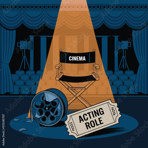 vector icons for cinema, Director's Chair , theatrical roles, video tape, cinema shattered spotlight, Theater Ticket
