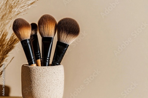 Makeup Brushes Arranged in a Decorative Holder on a Neutral Background in a W...