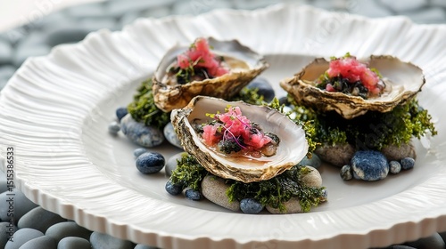 Elegant Seafood Dish Featuring Fresh Oysters With Garnishes on a Decorative P...