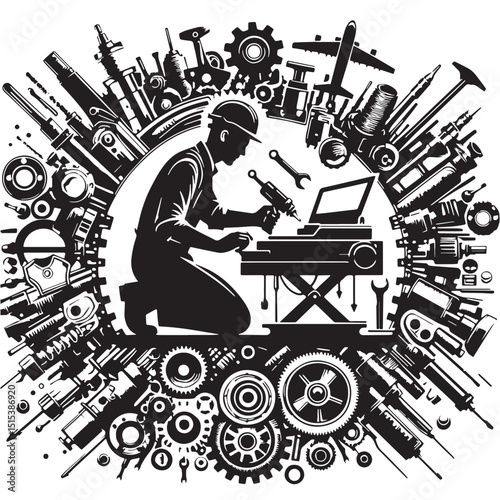 Black Color Mechanical Engineering Silhouette Vector Illustration, Solid White Background