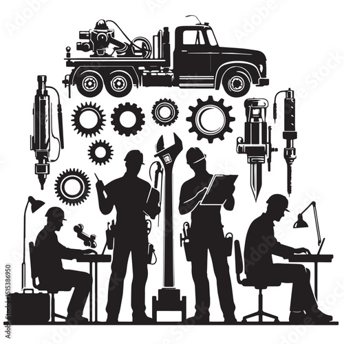 Black Color Mechanical Engineering Silhouette Vector Illustration, Solid White Background