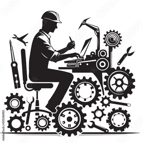 Black Color Mechanical Engineering Silhouette Vector Illustration, Solid White Background