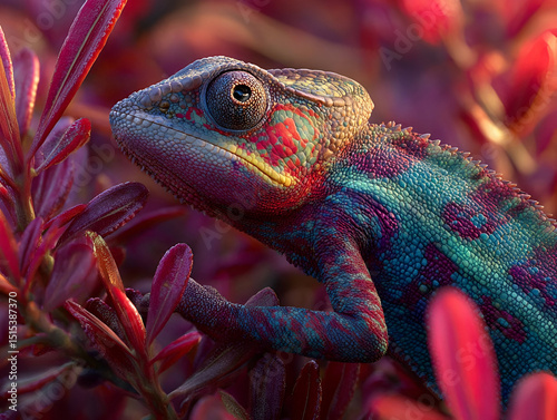 A brightly colored chameleon blending into a vibrant bush, its skin changing hues to match the surrounding foliage in the warm sunlight.