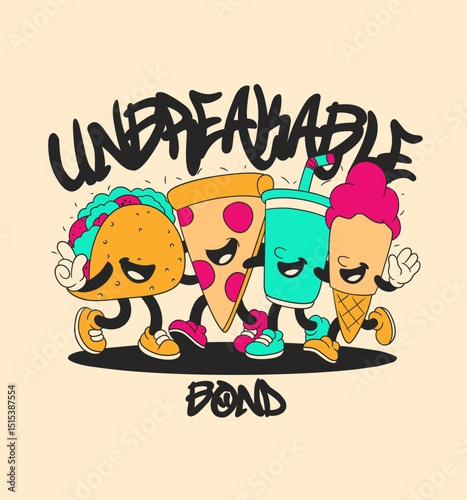 Unbreakable Bond, Retro Cartoon Street Food Character for Urban Streetwear T-shirt and Poster Art Design