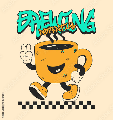 Brewing Potential, Retro Cartoon Coffee Character for Urban Streetwear T-shirt and Poster Art Design