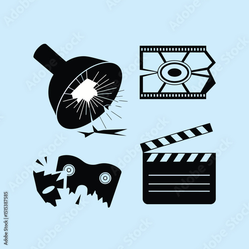 vector icons for cinema, Director's Chair , theatrical roles, video tape, cinema shattered spotlight, Theater Ticket

