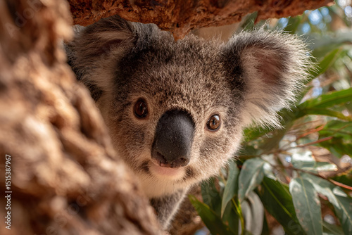A curious koala clinging to a eucalyptus tree, its large eyes blinking slowly as it surveys its surroundings from above.