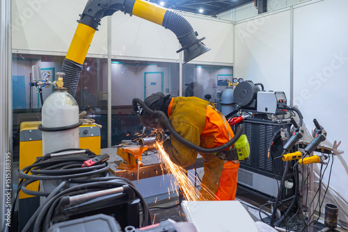 Bild auf Leinwand Worker using welding equipment in a workshop with sparks flying, wearing protective gear and fume extraction system