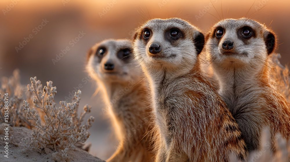 Fototapeta premium A family of meerkats standing upright on a mound, their heads swiveling in unison as they keep watch over the surrounding desert.