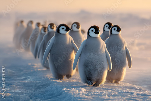 A family of penguins waddling across the icy tundra, their fluffy bodies bouncing as they move in perfect unison.