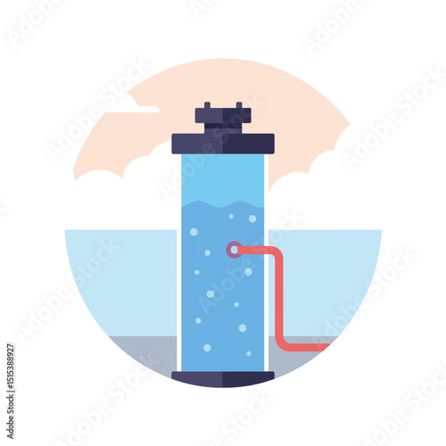 Water filtration system with bubbles, in a modern flat design against a pastel background, concept of home improvement or renovation