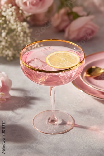 Delicate Pink Cocktail Garnished With a Lemon Slice in a Elegant Glass Surrou...
