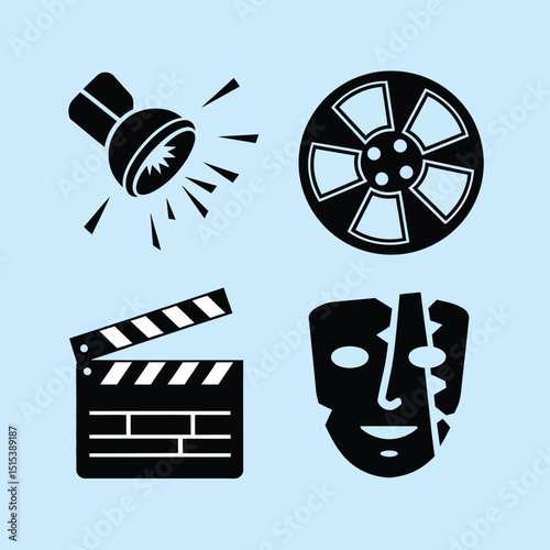 vector icons for cinema, Director's Chair , theatrical roles, video tape, cinema shattered spotlight, Theater Ticket
