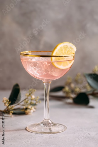 Delicate Pink Cocktail Garnished With a Lemon Slice in a Elegant Glass Surrou...