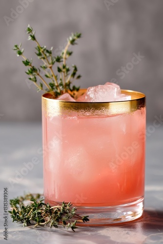 Refreshing Pink Cocktail Garnished With Fresh Herbs and Ice in a Stylish Glass