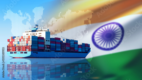 Container ship with goods from India. Sea vessel sailing in ocean. Ship near world map. Sea vessel under India flag. Ship imports cargo from India. Export of goods across Indian ocean.