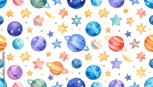 Watercolor Space Planets Pattern.